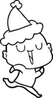 desenho de linha feliz de um homem careca usando chapéu de papai noel vetor