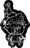 ícone angustiado dos desenhos animados de um homem chorando usando chapéu de papai noel vetor
