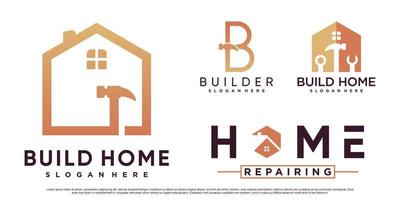 conjunto de inspiração de design de logotipo de casa de construção para construção com martelo e vetor premium de elemento criativo