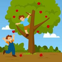 meninos tendo uma colheita de maçã vetor