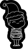ícone dos desenhos animados de um menino sorridente com pilha de livros usando chapéu de papai noel vetor