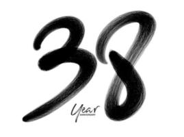Modelo de vetor de celebração de aniversário de 38 anos, design de logotipo de 38 anos, 38º aniversário, números de letras pretas desenho de pincel esboço desenhado à mão, ilustração vetorial de design de logotipo de número