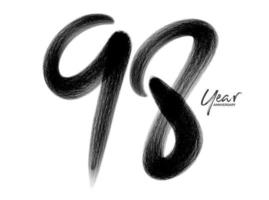 Modelo de vetor de celebração de aniversário de 98 anos, design de logotipo de 98 anos, aniversário de 98 anos, números de letras pretas desenho de pincel esboço desenhado à mão, ilustração vetorial de design de logotipo de número