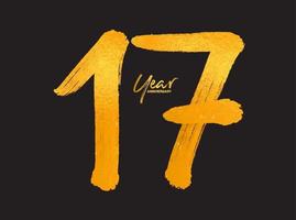 modelo de vetor de celebração de aniversário de 17 anos de ouro, design de logotipo de 17 anos, 17º aniversário, números de letras de ouro desenho de pincel esboço desenhado à mão, ilustração em vetor de design de logotipo de número