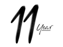 Modelo de vetor de comemoração de aniversário de 11 anos, design de logotipo de 11 anos, 11º aniversário, números de letras pretas desenho de pincel esboço desenhado à mão, ilustração vetorial de design de logotipo de número