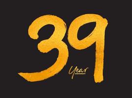 modelo de vetor de celebração de aniversário de 39 anos de ouro, design de logotipo de 39 anos, 39º aniversário, números de letras de ouro desenho de pincel esboço desenhado à mão, ilustração em vetor de design de logotipo de número