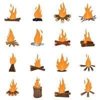 conjunto de ícones de fogo de noite de fogueira vetor isolado