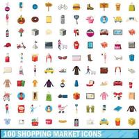 Conjunto de 100 ícones do mercado de compras, estilo cartoon vetor