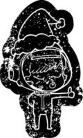 ícone angustiado dos desenhos animados de uma linda garota astronauta dando polegares para cima usando chapéu de papai noel vetor