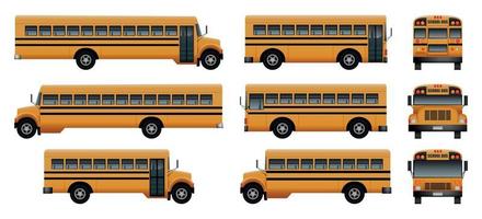 ônibus escolar volta conjunto de ícones de crianças, estilo realista vetor