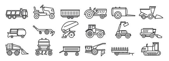 conjunto de ícones de equipamentos de máquinas agrícolas, estilo de estrutura de tópicos vetor
