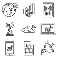 Conjunto de ícones de rede de tecnologia 5g, estilo de estrutura de tópicos vetor