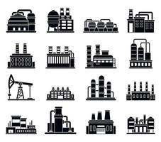 conjunto de ícones de fábrica de planta de refinaria, estilo simples vetor