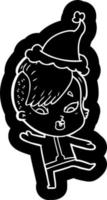 ícone dos desenhos animados de uma garota surpresa em roupas de ficção científica usando chapéu de papai noel vetor