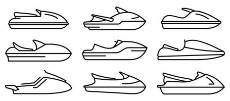 conjunto de ícones de jet ski de corrida, estilo de estrutura de tópicos vetor