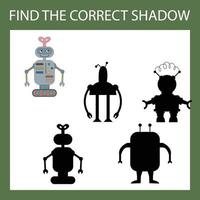 robô multicolorido engraçado. encontre a sombra correta. jogo educativo para crianças. vetor