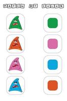 desenvolvendo atividade para crianças combinar os monstros por cor. jogo de lógica para crianças. vetor