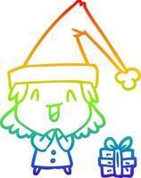 garota de desenho de linha gradiente de arco-íris usando chapéu de natal vetor