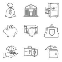 conjunto de ícones de depósito de dinheiro, estilo de estrutura de tópicos vetor