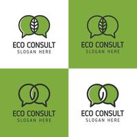 conjunto de logotipo de bate-papo eco verde ou consultoria natural com símbolo de folhas. falar bolha com design de logotipo minimalista de erva vetor