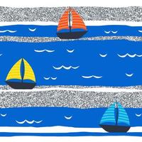 padrão sem emenda marinho com barcos de desenho animado em fundo listrado. textura brilhante prateada nas ondas. ilustração vetorial para impressão, scrapbook ou papel de embrulho vetor