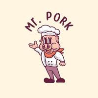 ilustração de mascote de porco de vestido de chef em estilo vintage vetor