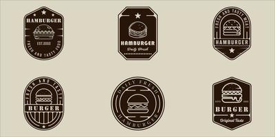 conjunto de hambúrguer ou hambúrguer logotipo linha arte ilustração vetorial modelo ícone design gráfico. coleção de pacotes de vários sinais ou símbolos de fast food para restaurante de negócios ou café com crachá vetor