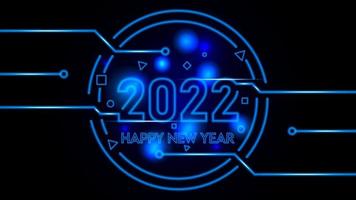 conceito de feliz ano novo 2022 design de luz neon azul com linhas de conexão, modelo para folhetos sazonais e cartão de saudações ou calendário. bandeira leve. ilustração vetorial. vetor