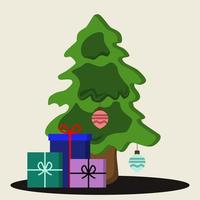 árvore de natal com caixas de presente, fundo de férias. feliz Natal e Feliz Ano Novo. ilustração vetorial