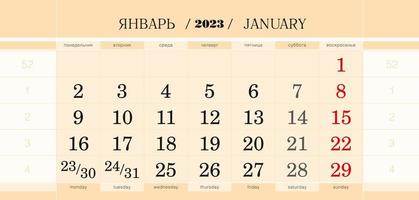 bloco trimestral do calendário para o ano de 2022, janeiro de 2023. semana começa a partir de segunda-feira. vetor