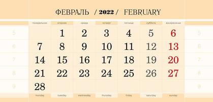 bloco trimestral de calendário para 2022 ano, fevereiro de 2022. semana começa a partir de segunda-feira. vetor