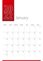design de calendário de janeiro de 2022. semana começa na segunda-feira. modelo de calendário vertical. vetor