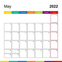 calendário de parede colorido de maio de 2022, a semana começa na segunda-feira. vetor