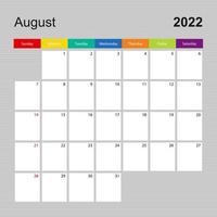 página do calendário para agosto de 2022, planejador de parede com design colorido. semana começa no domingo. vetor