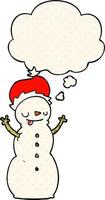 boneco de neve de natal dos desenhos animados e balão de pensamento no estilo de quadrinhos vetor