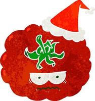 desenho retrô de um tomate com raiva usando chapéu de papai noel vetor