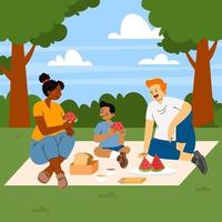 família interracial fazendo um piquenique no parque vetor
