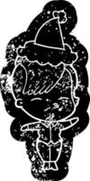 ícone angustiado dos desenhos animados de uma garota vesga usando chapéu de papai noel vetor