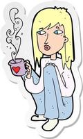 adesivo de uma mulher de desenho animado com uma xícara de café vetor