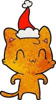 desenho texturizado de um gato feliz usando chapéu de papai noel vetor