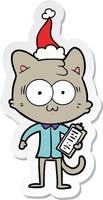 desenho de adesivo de um gato trabalhador de escritório surpreso usando chapéu de papai noel vetor