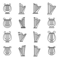 conjunto de ícones de instrumento de harpa, estilo de contorno vetor
