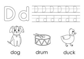 aprendendo o alfabeto inglês para crianças. letra d. livro de colorir. vetor