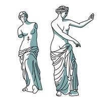 conjunto de duas esculturas femininas gregas antigas, estátua da deusa. ilustração vetorial linear com sombras isoladas no fundo branco. estilo moderno com sombreamento e cor