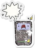 calculadora de desenho animado e adesivo angustiado de bolha de fala vetor