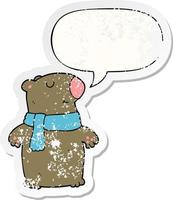 adesivo angustiado de urso de desenho animado e bolha de fala vetor
