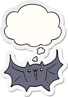 morcego-vampiro feliz dos desenhos animados e balão de pensamento como um adesivo impresso vetor
