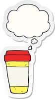 xícara de café de desenho animado e balão de pensamento como um adesivo impresso vetor