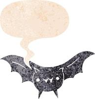 morcego de desenho animado e bolha de fala em estilo retrô texturizado vetor