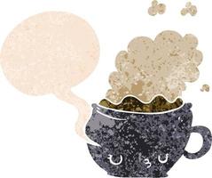 xícara de café bonito dos desenhos animados e bolha de fala em estilo retrô-texturizado vetor